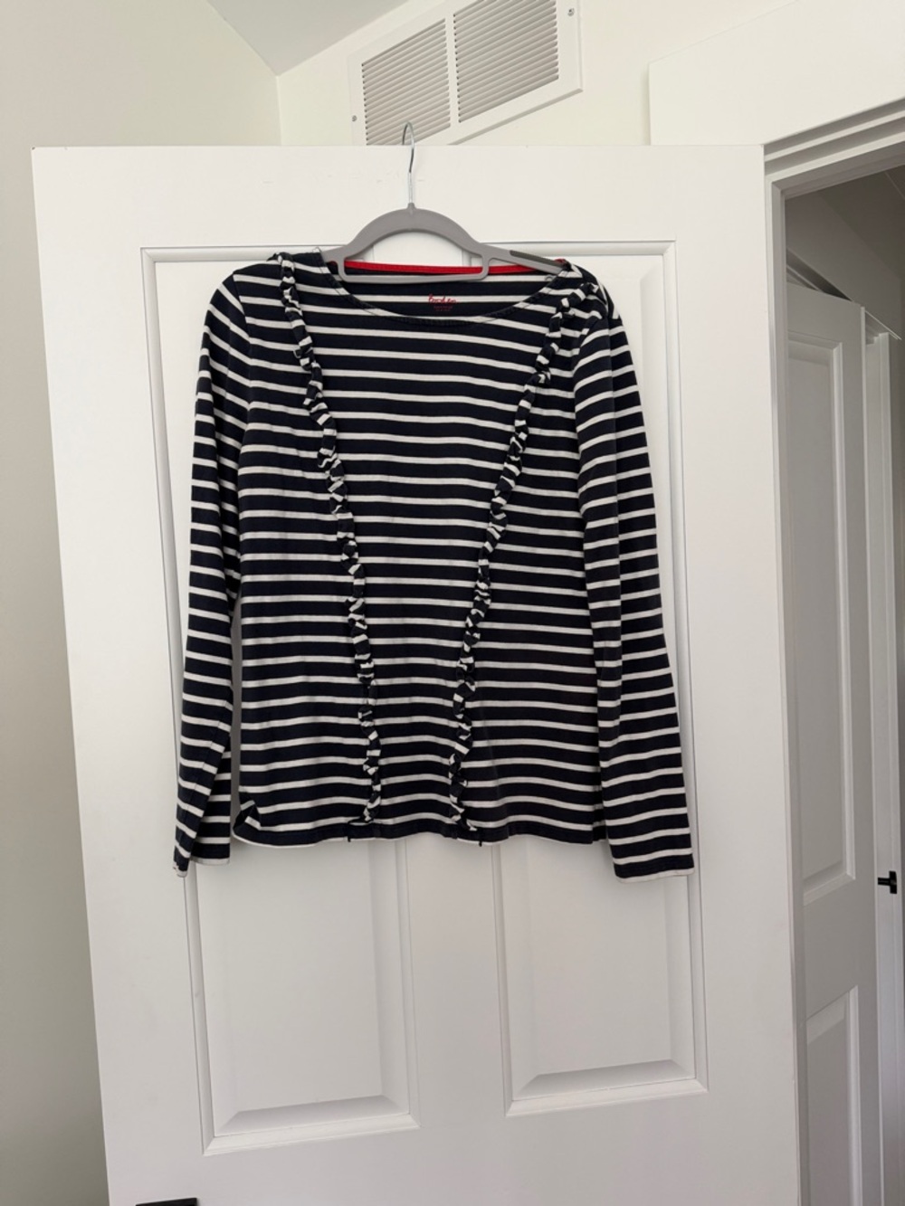 Boden Breton Striped Ruffle-Trim Long Sleeve Top - Blue & White